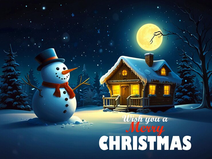 PSD een kerstkaartje met een sneeuwman en een huis op de achtergrond