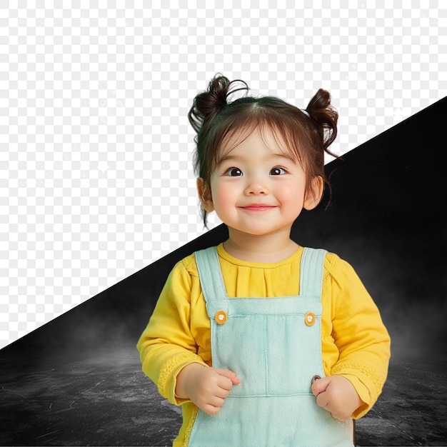 een klein meisje met een geel shirt waarop een citaat staat