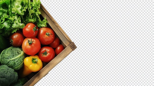 Een kleine houten kist vol verse groenten, perfect voor biologische markten, restaurants en culinaire promoties