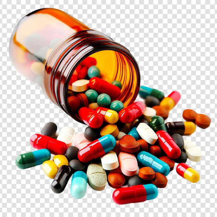 PSD een kleurrijk assortiment pillen en capsules uit een bruine glazen fles