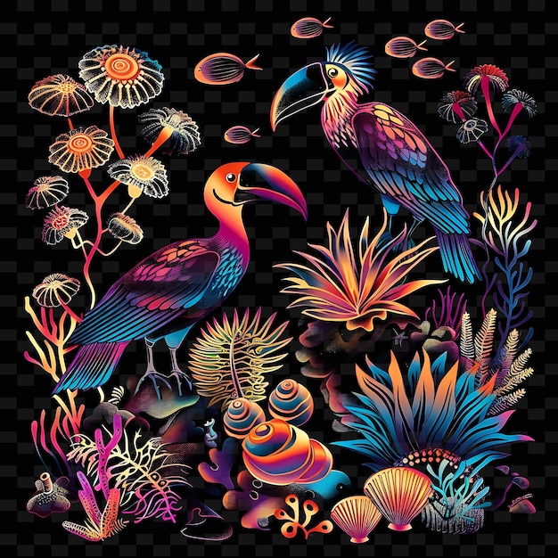 PSD een kleurrijke afbeelding van een tropische vogel en koraal