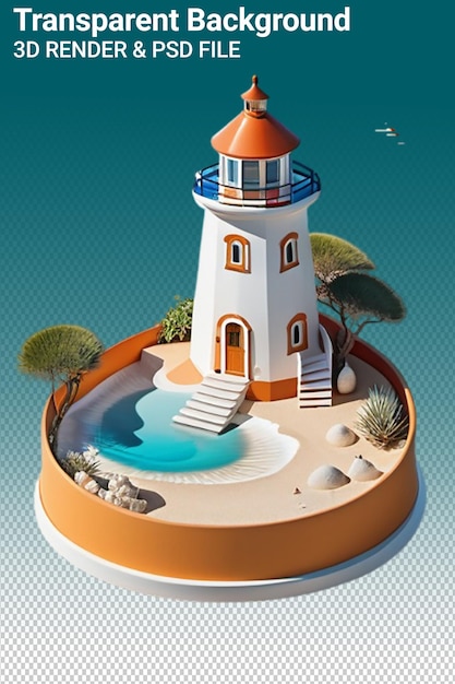 PSD een kleurrijke afbeelding van een vuurtoren met een strandbeeld aan de onderkant