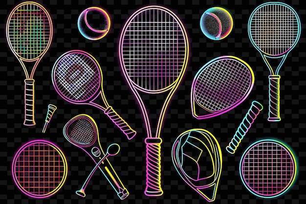 Een kleurrijke foto van tennisrackets en een tennisracket