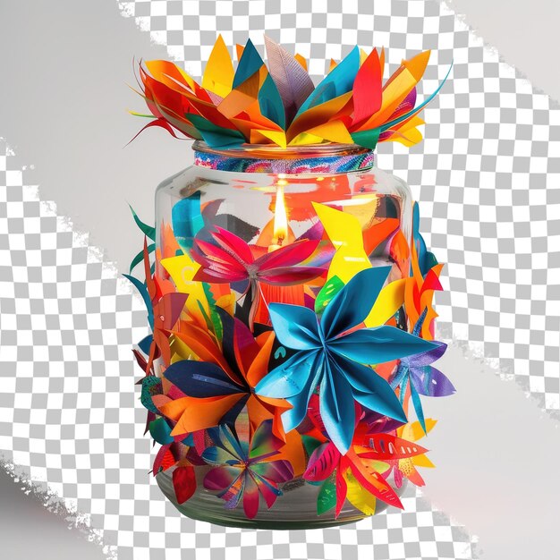 PSD een kleurrijke glazen pot met een kleurrijke bloem erop.