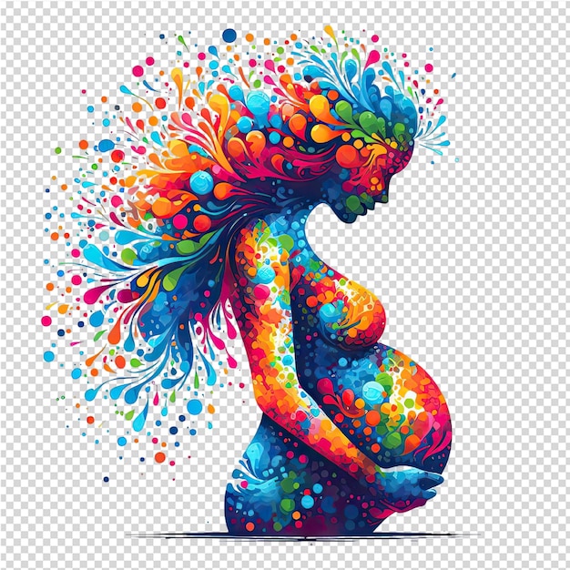 Een kleurrijke illustratie van een zwangere vrouw met kleurrijk haar en kleurrijke vlekken
