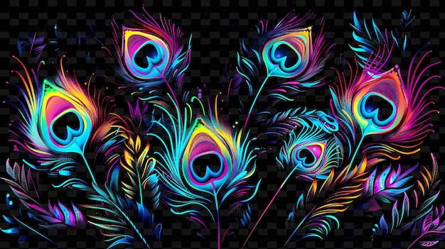 PSD een kleurrijke illustratie van pauwveren met een zwarte achtergrond