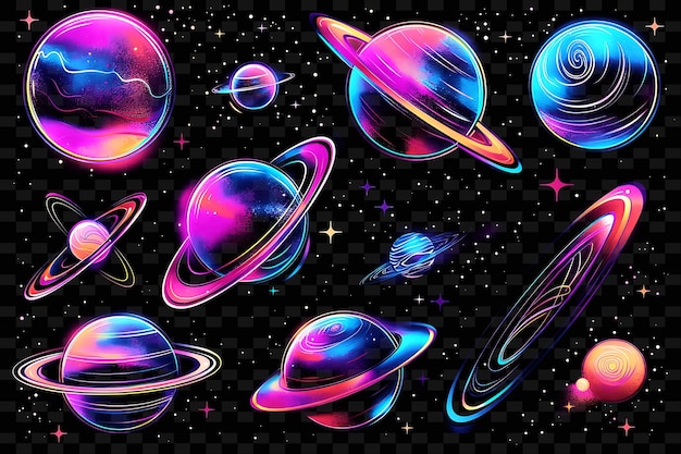 Een kleurrijke illustratie van planeten en sterren met sterren op de zwarte achtergrond