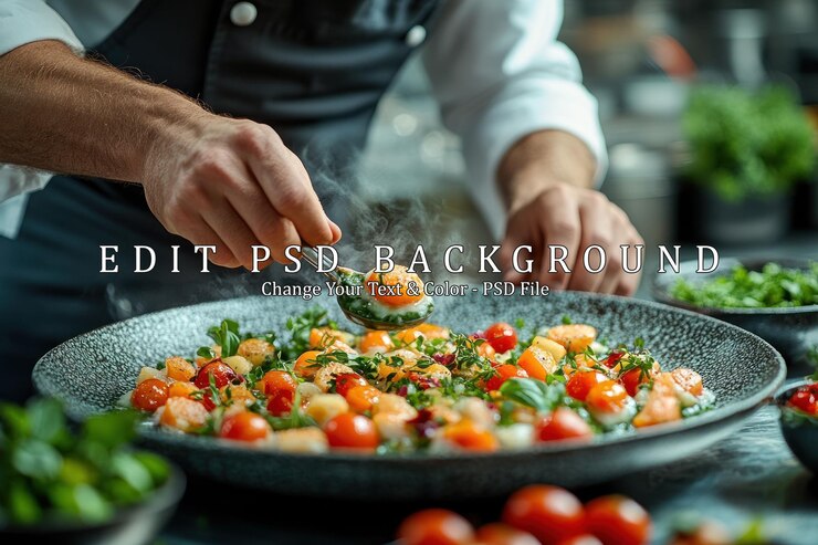 PSD een kok die een gerecht afmaakt met een lepel