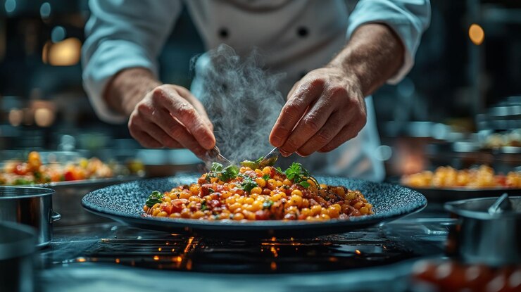 PSD een kok in een wit uniform voegt de laatste vleugjes toe aan een stoomend gerecht met eten
