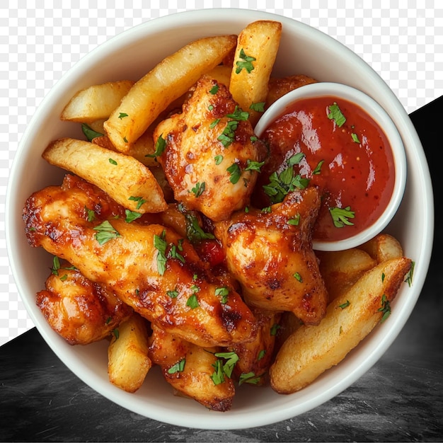 een kom eten met friet en ketchup