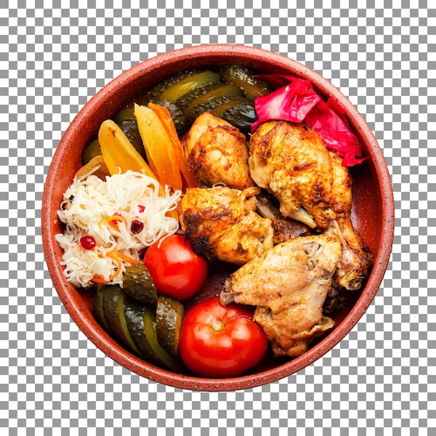 Een kom eten met kip en groenten op transparante achtergrond