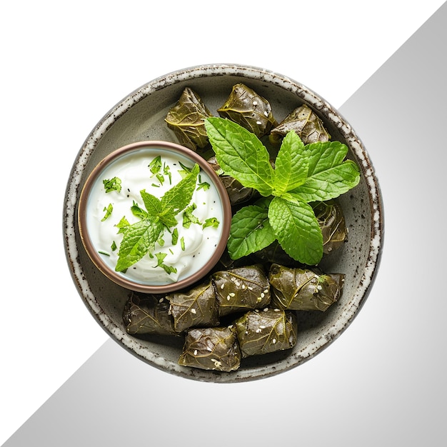 een kom eten met muntbladeren en een kom yoghurt