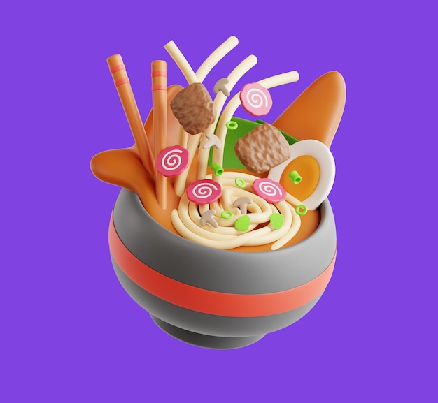 Een kom noedels met verschillende smaken en het woord "noodle" bovenaan.