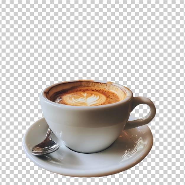 Een kop cappuccino met een lepel op een schotel op een doorzichtige achtergrond