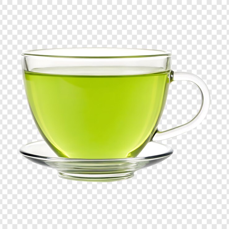 PSD een kop vers gebrouwen groene thee in een doorzichtige glazen beker op een schotel