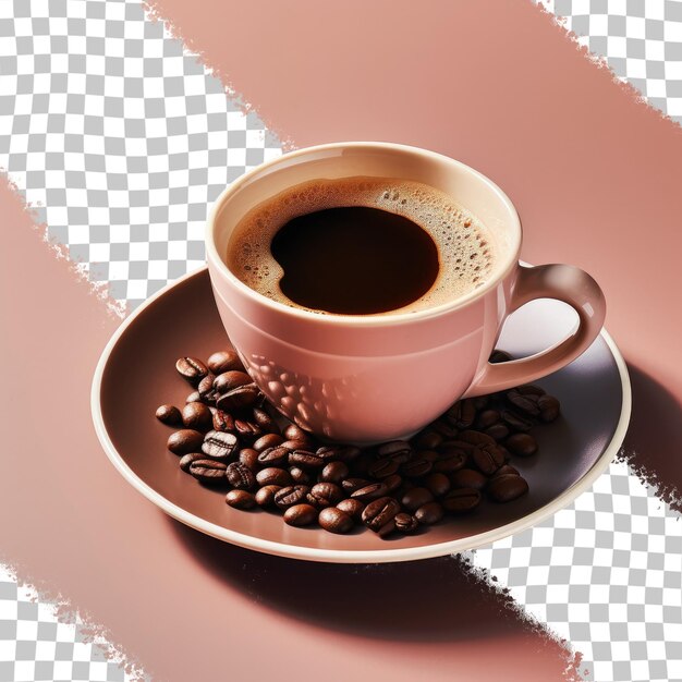 Een kopje zwarte koffie omgeven door koffiebonen tegen een transparante achtergrond