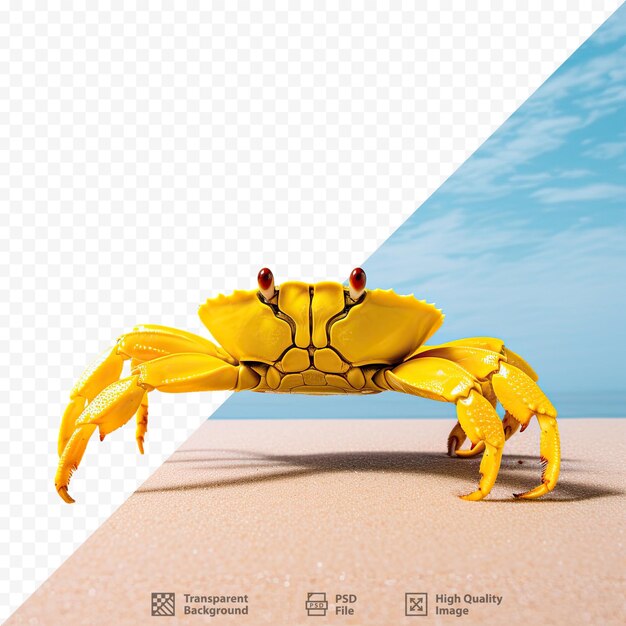 Een krab op een strand met een blauwe achtergrond en links een afbeelding van een krab.