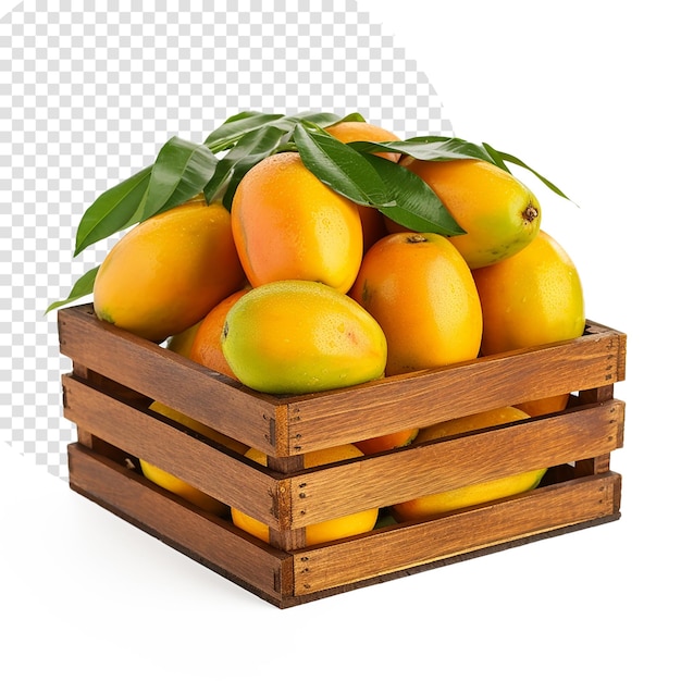 Een krat Mango op witte achtergrond