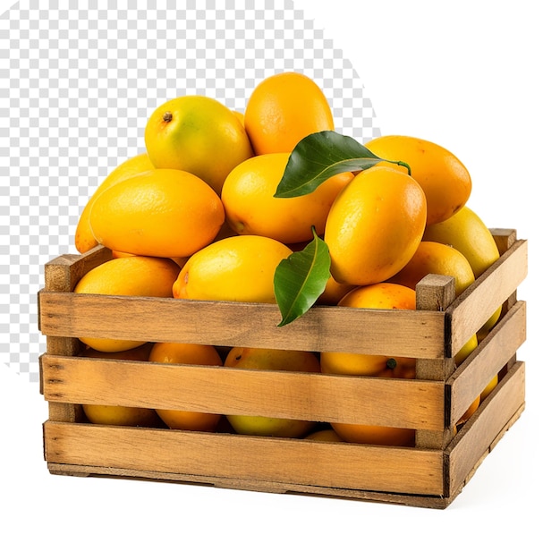 Een krat Mango op witte achtergrond