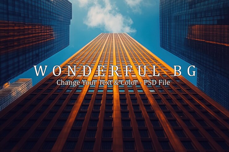 PSD een lage hoek van een hoge wolkenkrabber in een stad met een heldere blauwe lucht en een paar witte wolken
