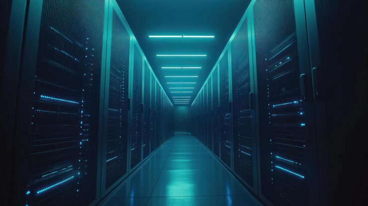 PSD een lange gang in een serverkamer met rijen servers aan weerszijden verlicht door blauwe lichten