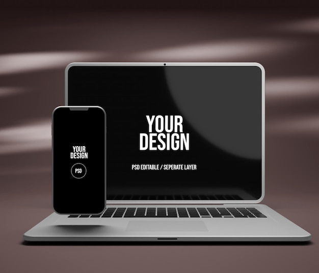 Een laptop met een telefoonmodel om uw ontwerp te presenteren