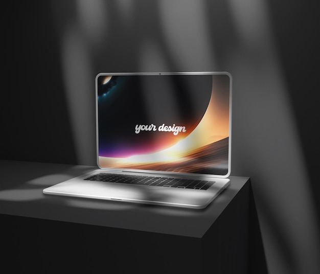 PSD een laptopmodel met dramatische lichtstraal van bovenaf voor schermpresentatie