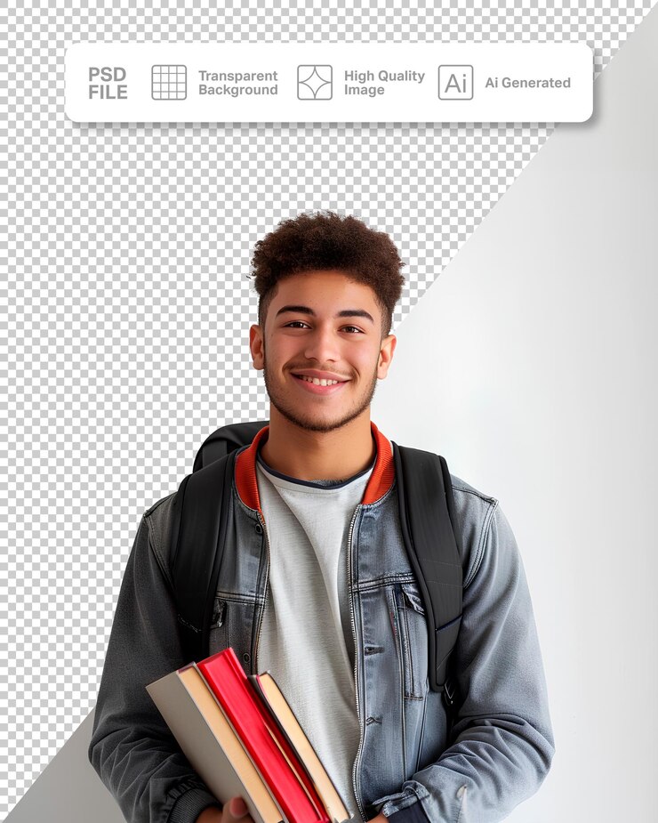 PSD een latijnse student glimlacht met een rugzak en boeken