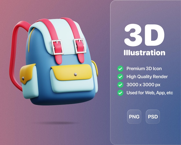 PSD een levendig en opvallend 3d-icoon van een schooltas, perfect voor educatief en backtoschool-thema