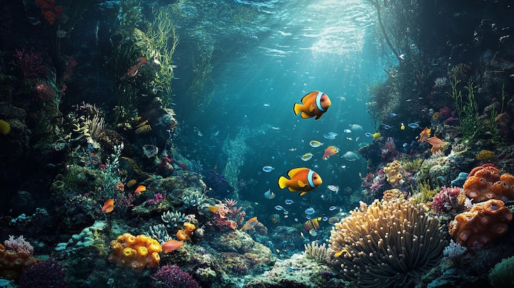 PSD een levendig koraalrif vol met kleurrijke vissen en zeeleven. zonnestralen verlichten het onderwaterlandschap.