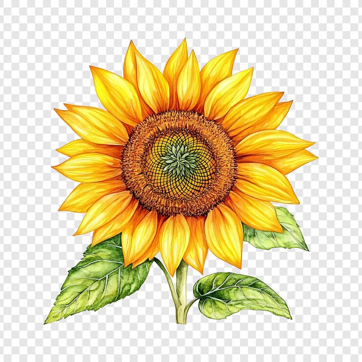 Een levendige aquarel schilderij van een bloeiende zonnebloem met groene bladeren