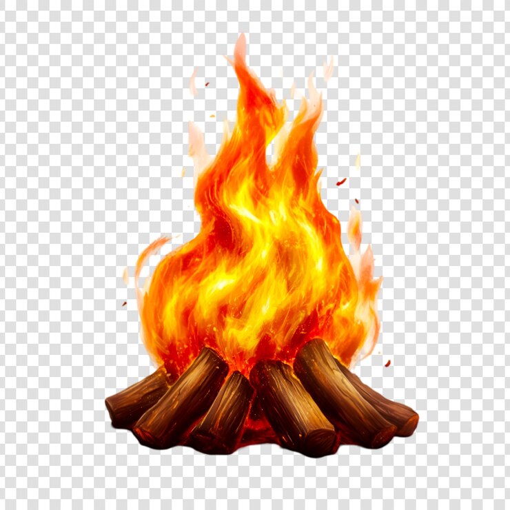 PSD een levendige illustratie van een kampvuur met brandend hout op een doorzichtige achtergrond