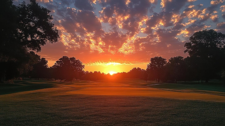 PSD een levendige zonsopgang over een golfbaan met een dramatische hemel die lange schaduwen van de bomen werpt