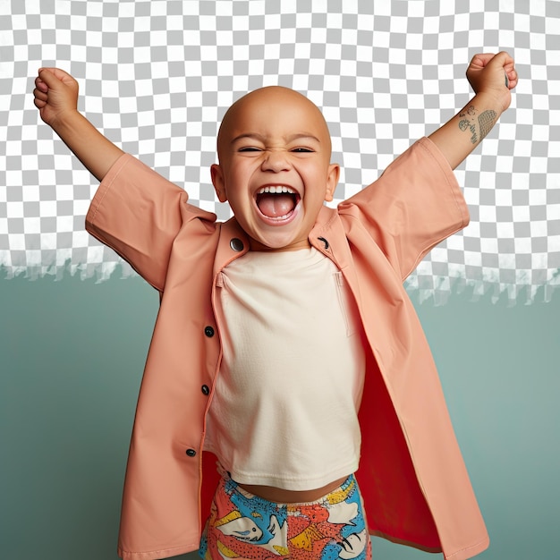 PSD een liefdevolle voorschoolse jongen met kaal haar van de inheemse amerikaanse etniciteit gekleed in reddingswachtkleding poseert in een standing with arms raised-stijl tegen een pastelbeige achtergrond