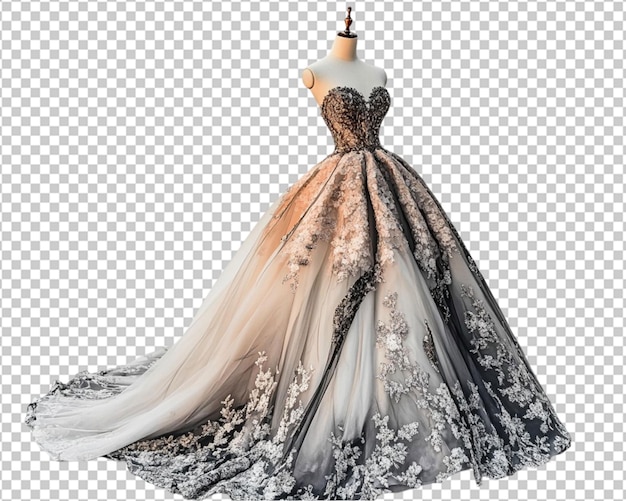 Een luxe vrouwelijke jurk elegant tentoongesteld op een mannequin met prachtige details tegen een schone witte achtergrond
