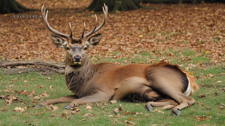 PSD een majestueus rood hert ligt in de herfstbladeren.