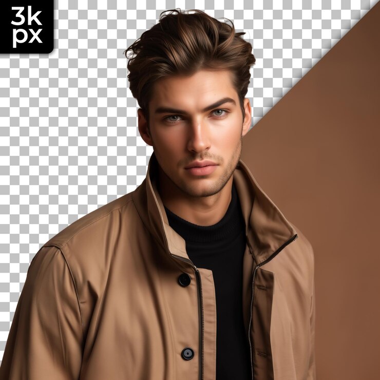 PSD een man die een bruine jas draagt met een zwart shirt dat xm zegt
