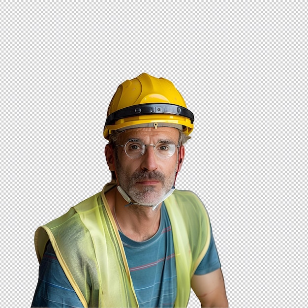 een man die een gele harde hoed draagt met een blauw shirt erop