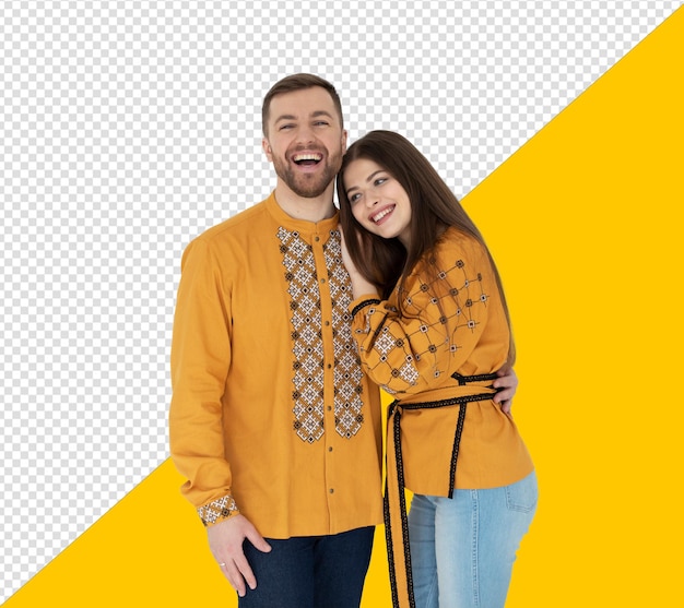 een man en vrouw poseren voor een foto met de woorden ik hou van je op de gele achtergrond