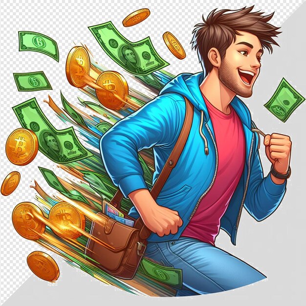 PSD een man in een kleurrijke casual outfit viert het geld en bitcoins op een transparante achtergrond