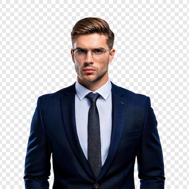 een man in een pak en bril staat voor een kruiswoord