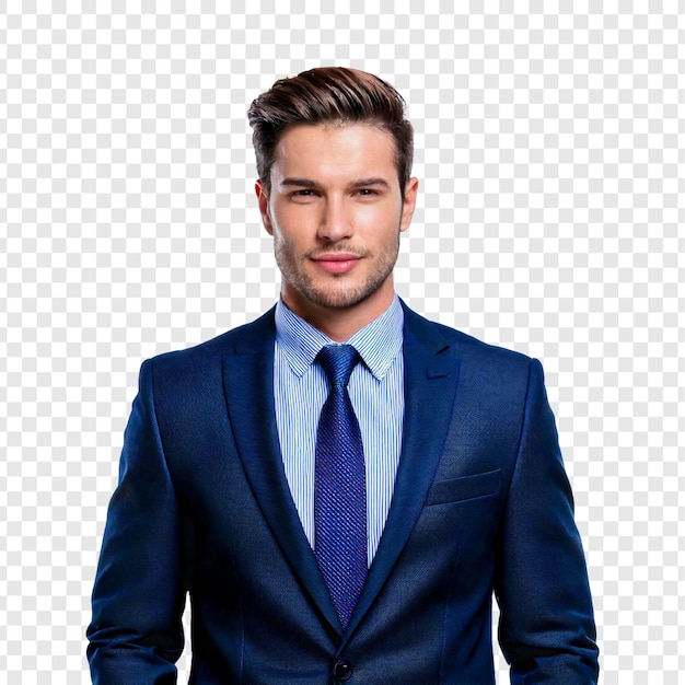 een man in een pak met een blauwe stropdas en een blauw shirt