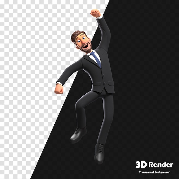 Een man in een pak springt over een zwart spandoek dat 3D 3D zegt.