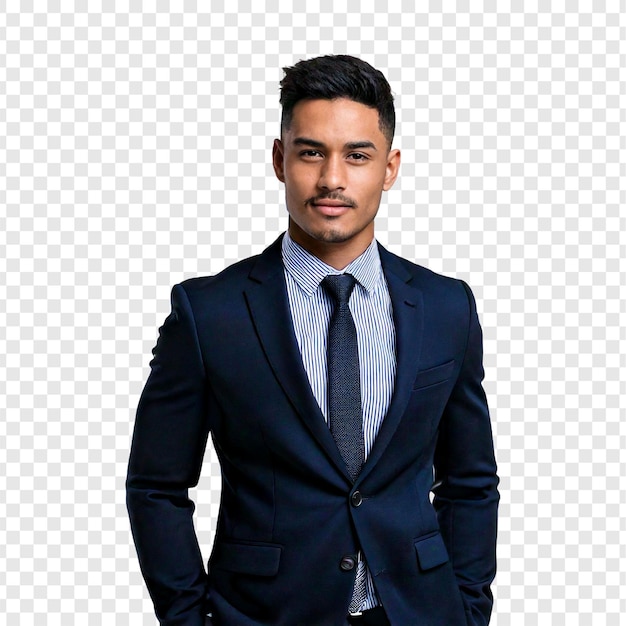 een man in een pak staat voor een geruite achtergrond