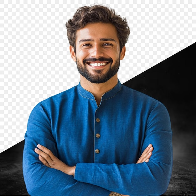 Een man met een baard en een blauw shirt met de woorden "ik ben een man" erop.