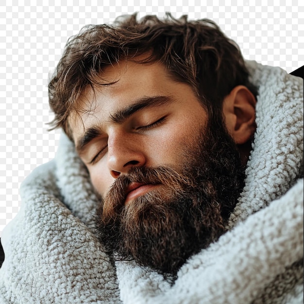 Een man met een baard slaapt op een deken.