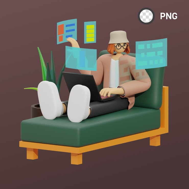 PSD een man met een bril en een hoed werkt op een laptop.