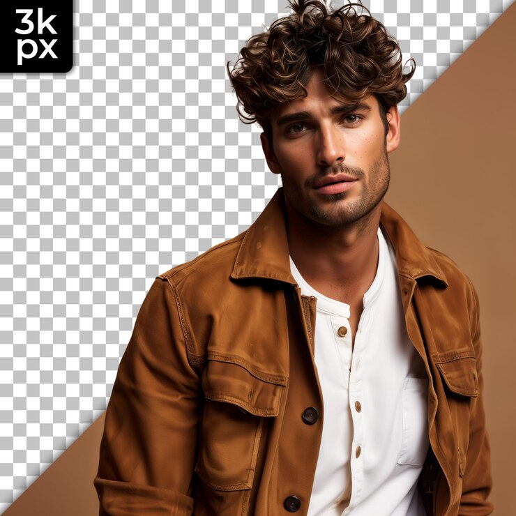 PSD een man met een bruine jas en een wit shirt