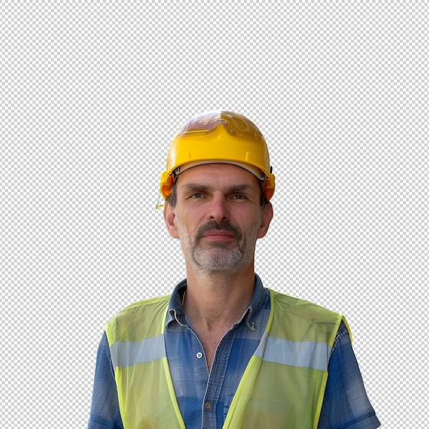 een man met een gele hoed met een geel vest erop