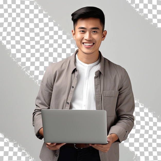 Een man met een laptop met een wit shirt erop.